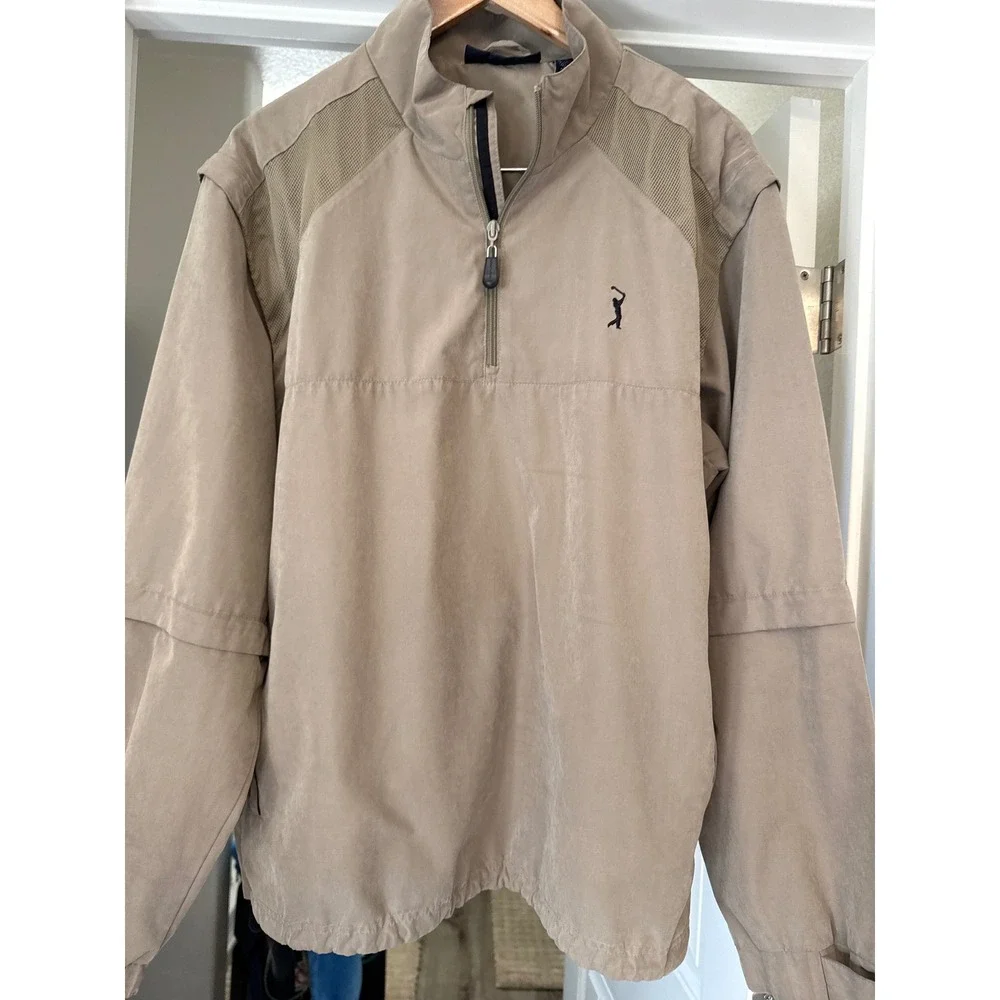 PGA Tour Mens Large Tan Convertible Quarter Zip Windbreaker Golf Jacket Pullover